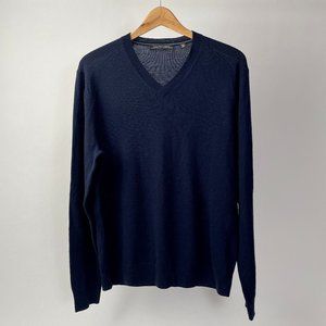 Men's Saks Fifth Avenue Extra Fine Merino Wool V Neck Sweater, Navy Blue, Size M